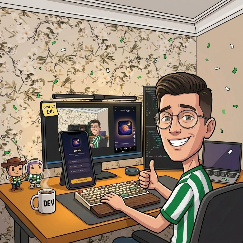 Cartoon of Santana smiling at his desk in a green-and-white Vitória de Setúbal shirt, giving a thumbs up, with the Spleis app on his phone and Woody and Buzz figurines nearby.